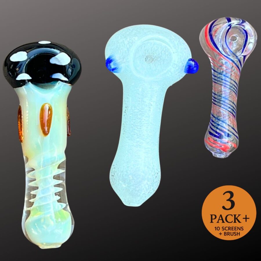3 Pcs  4.5' Thick Mushroom shape spiral Glass Pipe, 3.5 inch glow in the dark pipe & 3’ Glass Pocket Pipe SET + Screens