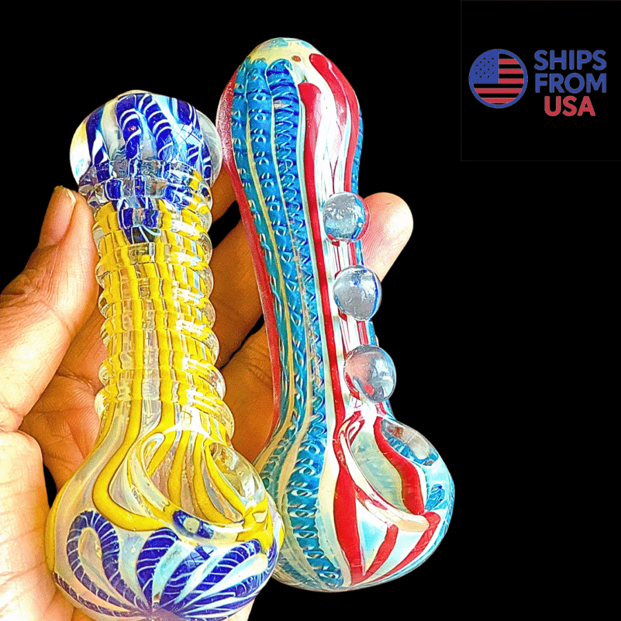 2 PIECE 5" Thick Heavy Color Burst Tobacco Glass Hand Pipe Glass includes screen